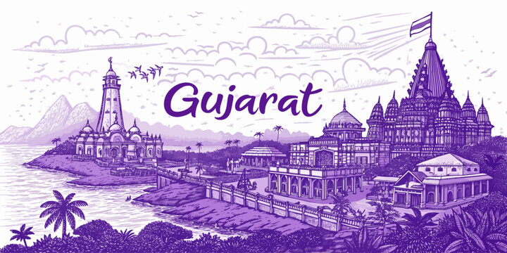 Gujarat Skyline Sketch with Cultural Heritage Landmarks for Tourism Poster, Featuring Statue of Unity, Somnath Temple, Dwarkadhish Temple, and Ahmedabad Architecture | Travel Art Print