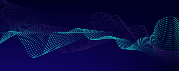 Abstract glowing wave lines on dark blue background. Dynamic wave pattern. Modern flowing wavy lines. Futuristic technology concept. Suit for banner, poster, cover, brochure, flyer, website