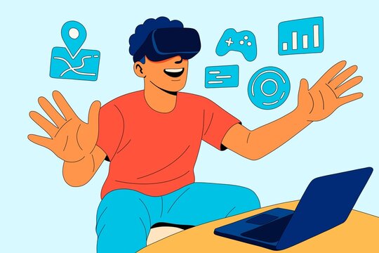 Man using VR headset with laptop surrounded by digital graphics