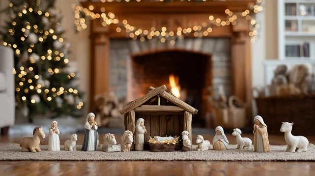 Cozy living room Christmas decoration featuring peaceful, holy nativity scene with wooden figurines set before warm festive fireplace