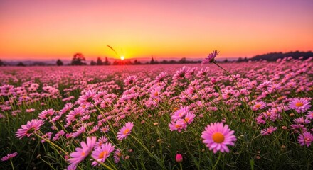Fototapeta premium A vibrant field of pink daisies with a stunning sunset in the background.