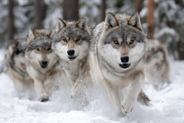 Naklejka premium Wolves running through snowy forest in winter landscape