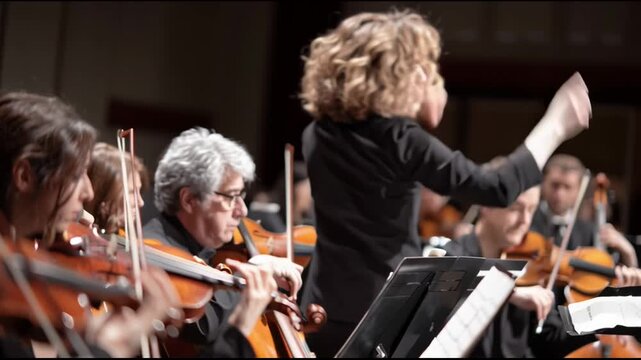 Harmonious symphony orchestra concert featuring focused musician and violinist playing beautiful classical music. live hall performance
