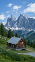 Rustic wooden cabin nestled in alpine meadow with dramatic mountain backdrop