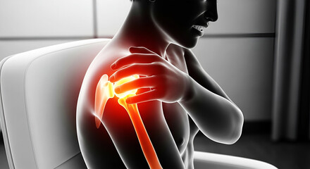 Person suffering shoulder pain glowing red injury ache