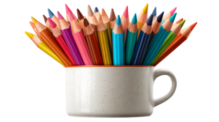 Multicolor pencils in ceramic mug on white background