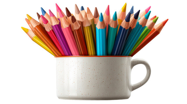 Multicolor pencils in ceramic mug on white background