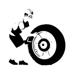 Fototapeta premium Cyclist in helmet and glasses inspecting a large bicycle wheel