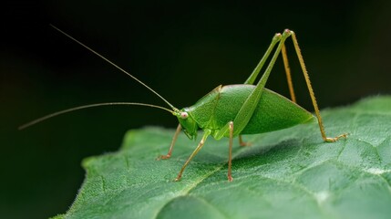 Fototapeta premium Katydid Insect Perched on Green Leaf in Outdoor Nature Close-Up