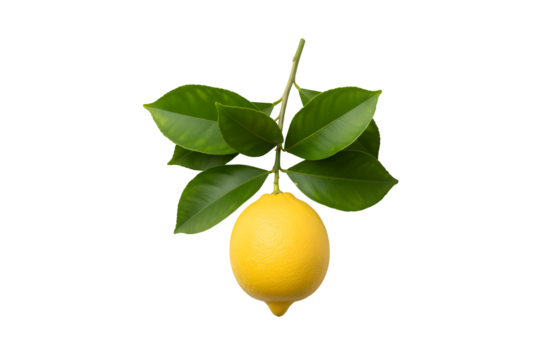 A lemon with green leaves sitting on a tree branch against a white background