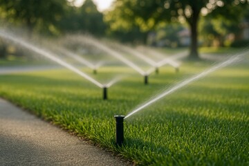 Automated lawn sprinkler system watering green grass in the morning with multiple sprinklers spraying water in sync, sunlight in the background. Ai generative. Ai generative