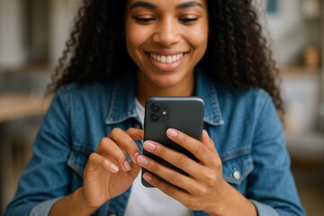 Smiling woman using smartphone indoors wearing denim jacket, close-up of hands and device, modern communication and technology lifestyle concept. Ai generative