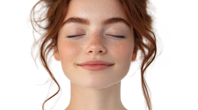 Headshot of young attractive woman pictured with eyes closed isolated on white transparent background