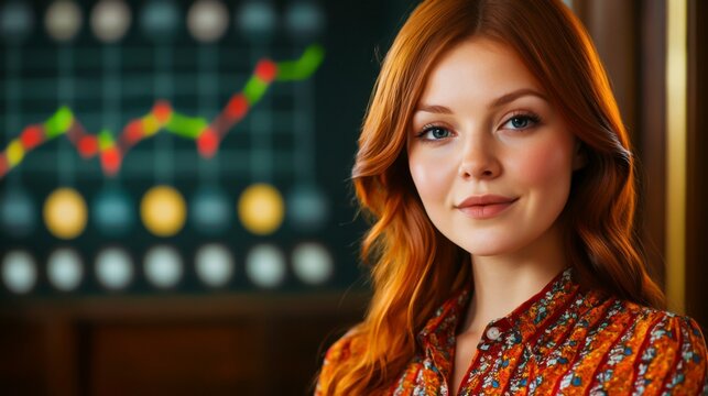 Confident Woman with Red Hair Posing in Front of Business Graph on Wall
