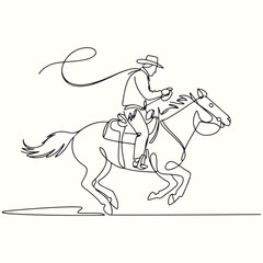 Dynamic continuous line art illustration of a cowboy on horseback with a lasso, capturing the adventurous spirit of the Wild West