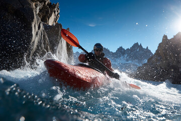 Naklejka premium Adrenaline-filled whitewater kayaking through a narrow alpine canyon — dramatic spray, rugged rocky cliffs and sunlit glacial mountain peaks