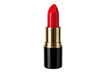 Fototapeta premium Red lipstick tube with golden elements and black body standing upright, representing beauty, makeup, and glamour