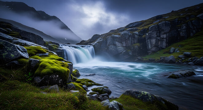 A stunning waterfall flows through a rugged, mossy landscape with misty mountains under a dramatic, cloudy sky.
