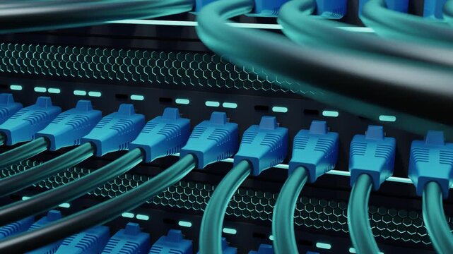 Network panel, switch and cable in data center.Macro Shot with Augmented Reality: Ethernet Cables Connected to Router Ports with Virtual Graphichs Showing Data Transfer. Telecommunications
