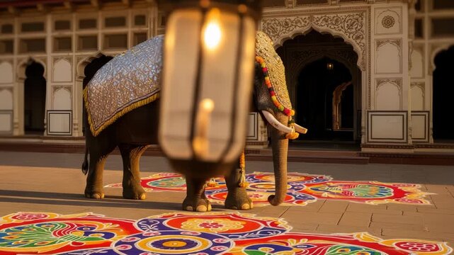 Majestic Elephant Adorned in Ceremonial Garb Amidst Rich Cultural Backdrop, Display of Tradition