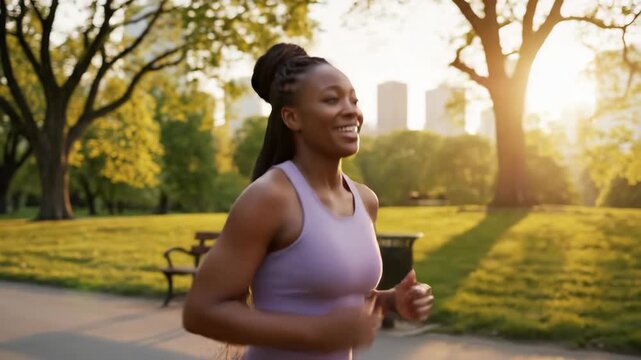 Athletic woman jogging on pathway in sunny park with city skyline background