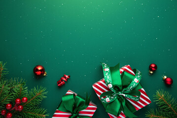 Merry Christmas and Happy Holidays greeting card, frame, banner. New Year. Red Christmas ornaments...