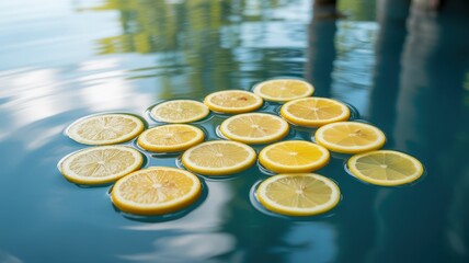 Fresh lemon slices floating on rippling water surface