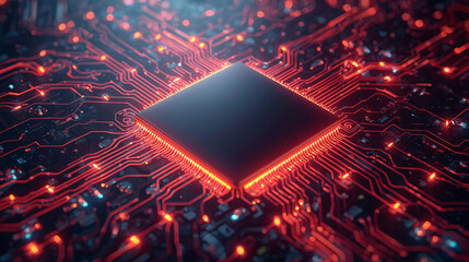A close-up of a digital processor on a computer circuit board is the electronic heart of modern technology and communication