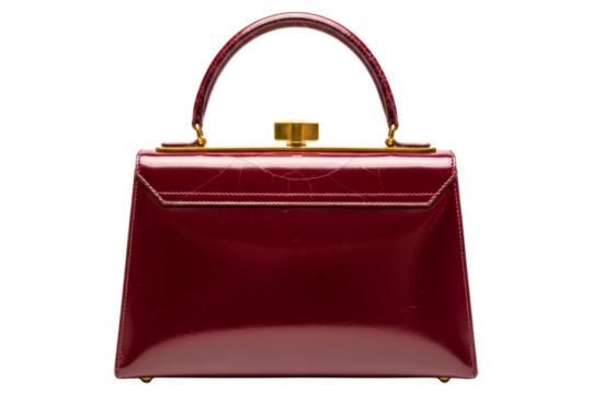 Retro burgundy top handle purse with cracked patent leather finish isolated on a transparent background