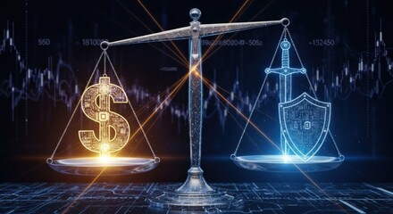 A digital scale with a dollar sign and a shield on either side, set against a dark background with a financial graph.