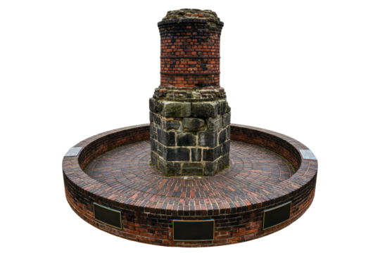 Ruined brick and stone tower on a circular paved base isolated on a transparent background