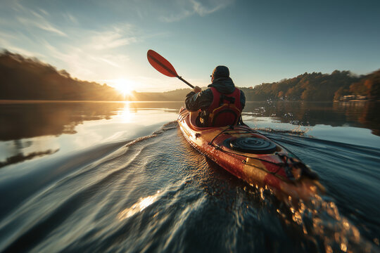 Solo kayaker paddling across a glassy lake at sunrise — golden light, water reflections and autumn shoreline adventure
