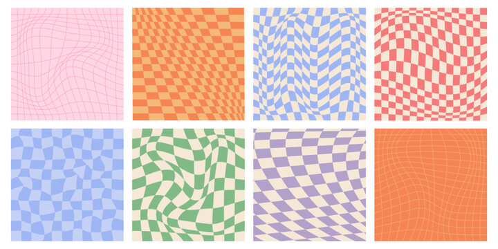 Psychedelic checkered illusion patterns set. Vector illustration of abstract warped grid tiles, wavy color squares on white background, dizzying geometric effect, distorted trippy chessboard design