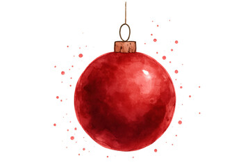 Red christmas ornament watercolor drawing, hanging festive holiday bauble with splashes, transparent background