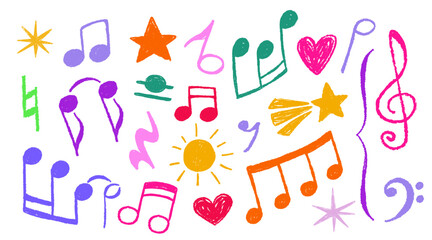 Hand drawn crayon notes set isolated on white background. Vector realistic illustration of pastel color chalk melody, heart, star, sun signs, kid stickers for music banner decoration, scribble design