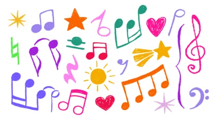 Fotobehang Sportwinkel Hand drawn crayon notes set isolated on white background. Vector realistic illustration of pastel color chalk melody, heart, star, sun signs, kid stickers for music banner decoration, scribble design  © klyaksun