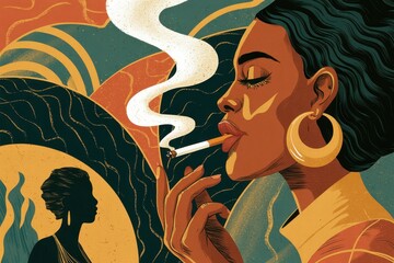 Profile of a Woman Smoking Amid Abstract Teal Shapes
