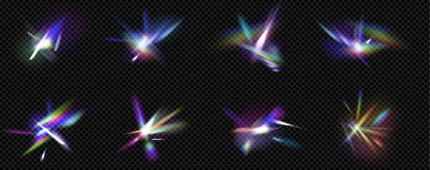 Prism light flare set with rainbow spectrum effects and lens glare overlays - crystal glass refraction bursts, diamond shine streaks and optical elements. Transparent assets for photography design.