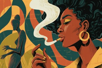 Profile of a Woman Smoking Amid Abstract Teal Shapes