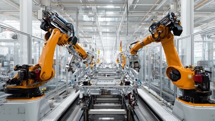 Futuristic robot arm automobile factory assembly line demonstrating advanced manufacturing automation and precise modern industry production process - Powered by Adobe
