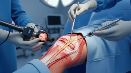 Aesthetic portrayal of arthroscopic knee surgery process with precise medical procedures and