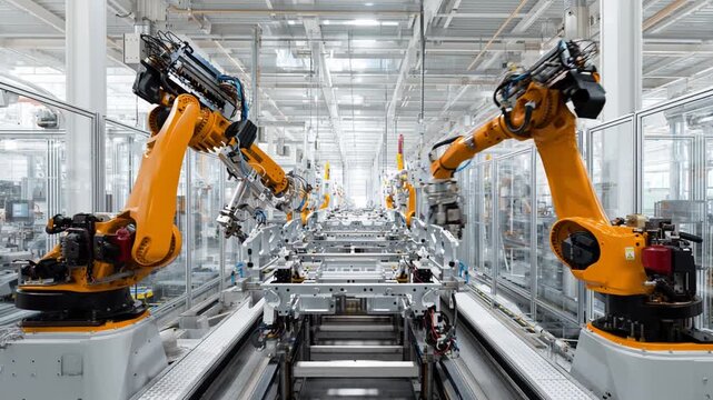 Futuristic robot arm automobile factory assembly line demonstrating advanced manufacturing automation and precise modern industry production process