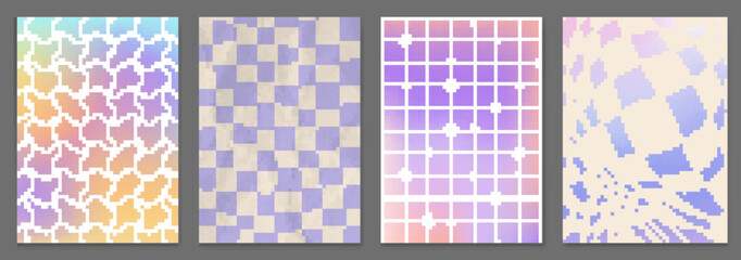 Abstract checkered illusion patterns set. Vector illustration of wavy pastel color squares, psychedelic warped grid tiles, dizzying geometric background, distorted chessboard with gradient design