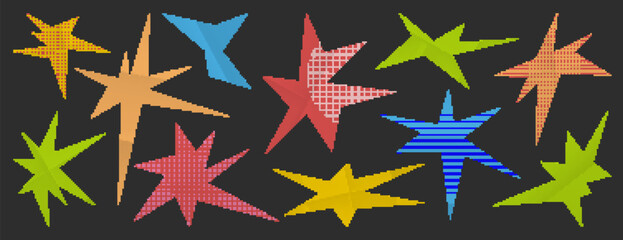 Cutout paper stars set isolated on black background. Vector realistic illustration of abstract bright color sparks with notebook page texture, speech bubbles for school collage, retro stickers