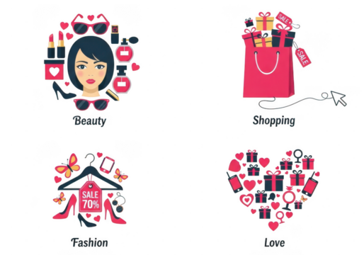 Colorful icons representing beauty, shopping, fashion, and love with vibrant illustrations and symbols isolated on transparent background - Powered by Adobe