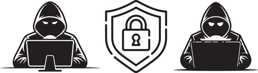 Hacker and Security Shield Icon Set, Black and White Vector for Cybercrime and Digital Protection