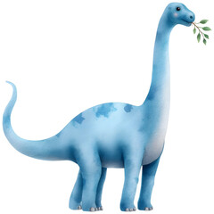 A cute blue watercolor Brachiosaurus dinosaur with a long neck nibbles on a green leaf isolated on a white background