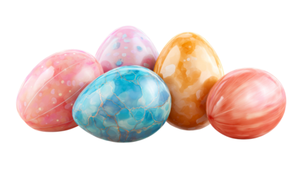 Five decorative Easter eggs with unique textures and colors