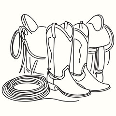 Elegant continuous line art illustration of classic cowboy essentials saddle, boots, and lasso, perfect for western design projects