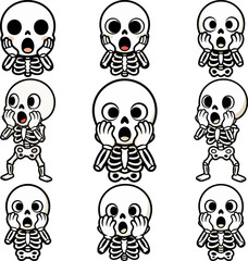 Cute cartoon skeleton shocked face character set
